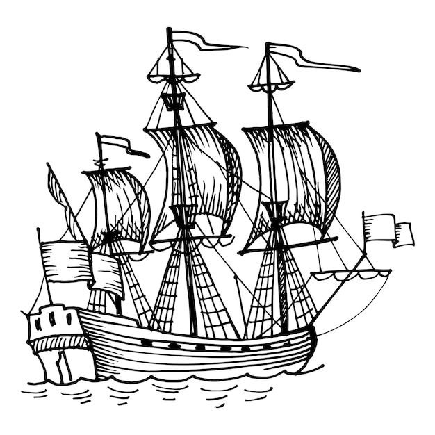 Vector old vintage sailing boat caravel handdrawn vector sketch