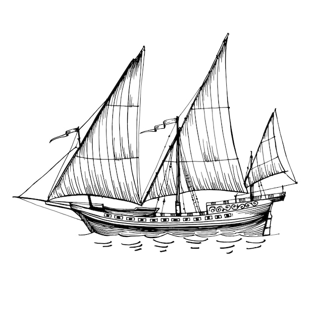 Old vintage sailing boat caravel handdrawn vector sketch