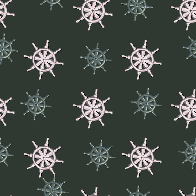 Old vintage seamless pattern in pirate style with grey and blue ship helm ornament. Dark background.