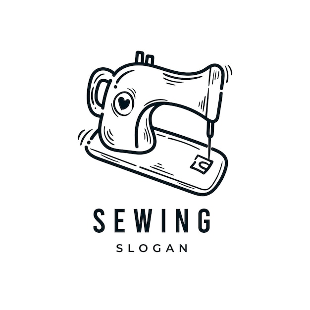 Old vintage sewing machine logo icon hand drawn sketch vector illustration