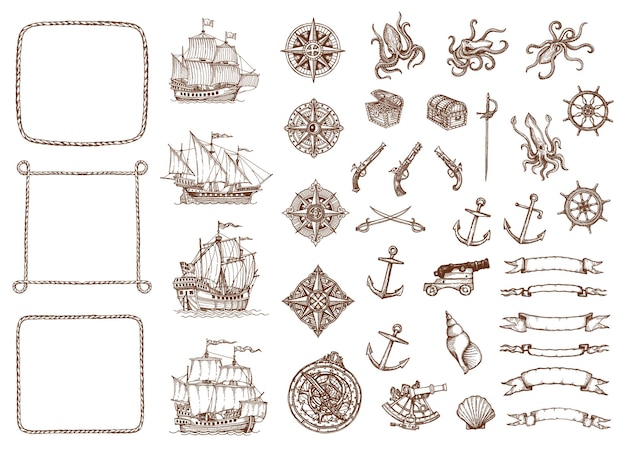 Old vintage sketch map vessel ships antique compass and seashells rope frames octopuses and sabres anchors and treasure chests Vector helm sextant gun cannon and ribbon banner hand drawn set