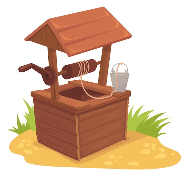 Vettore icona del fumetto del vecchio pozzo costruzione di acqua in legno isolata su sfondo bianco