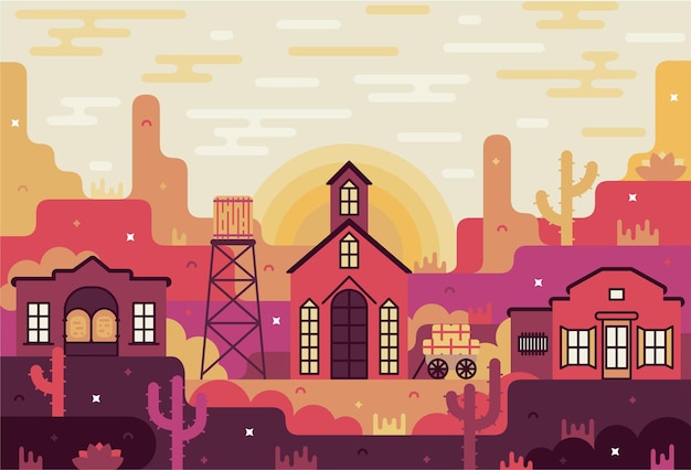 Old western town in flat game stile vector cartoon illustration
