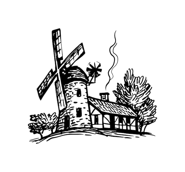 Old windmill ink sketch. Vintage style illustration.