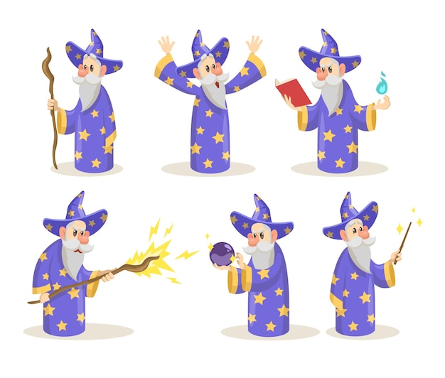 Vector old and wise magician with wand, crystal ball spelling