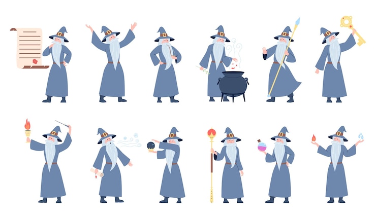 Vector 中世の魔術師 漫画のキャラクター 魔法使い 魔法の衣装を着用する男性 賢い男性 ドラウイド 最近のベクトルセット