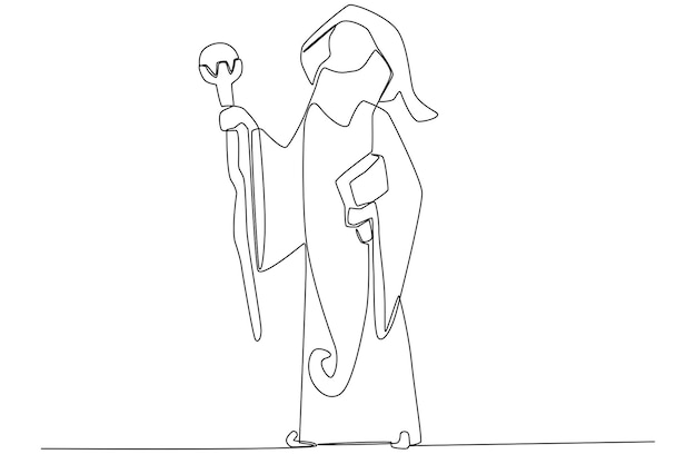 An old wizard standing with his long stick and spell book one line art