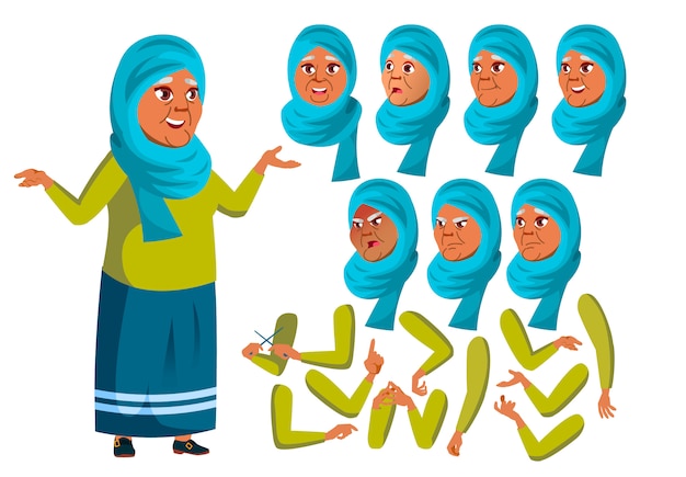 Vector old woman character. arab. creation constructor for animation. face emotions, hands.