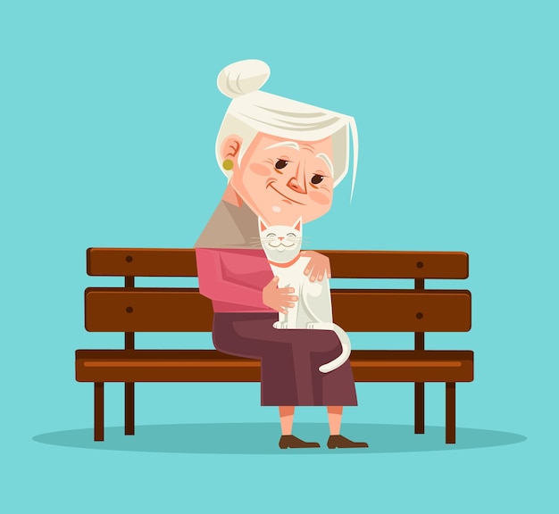 Old woman character hold cat character sitting on bench