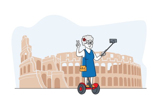 Vettore carattere della donna anziana che fa selfie su smartphone stand su hoverboard al colosseo. signora anziana che salva la memoria dei momenti di vita nei viaggi all'estero. turista senior che viaggia all'estero. lineare