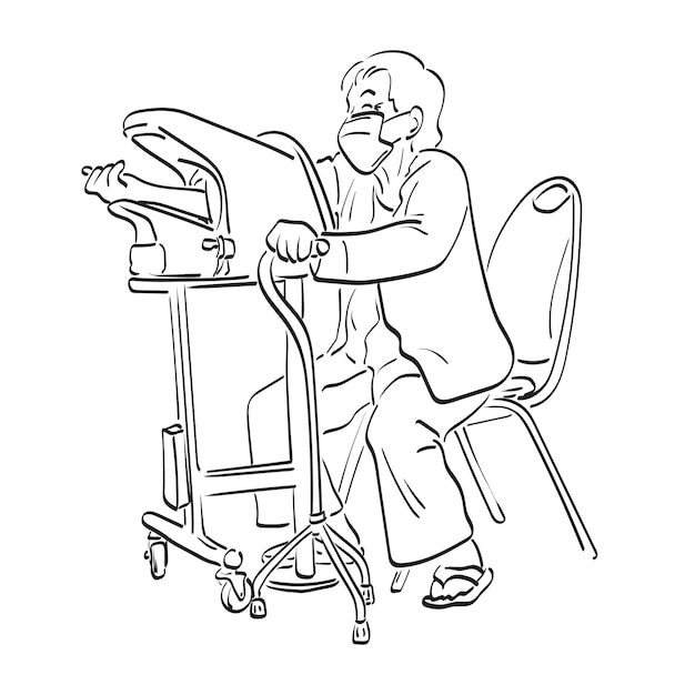 혈압과 심박수를 확인하는 노인 여성  ⁇ 색 배경에 손으로 그린  ⁇ 터 일러스트레이션 라인 아트