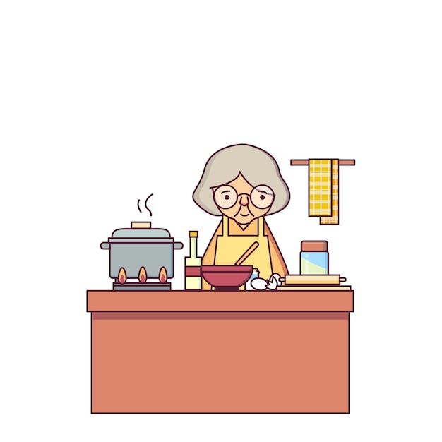 Old Woman Cooking Food Character  Vector Illustration