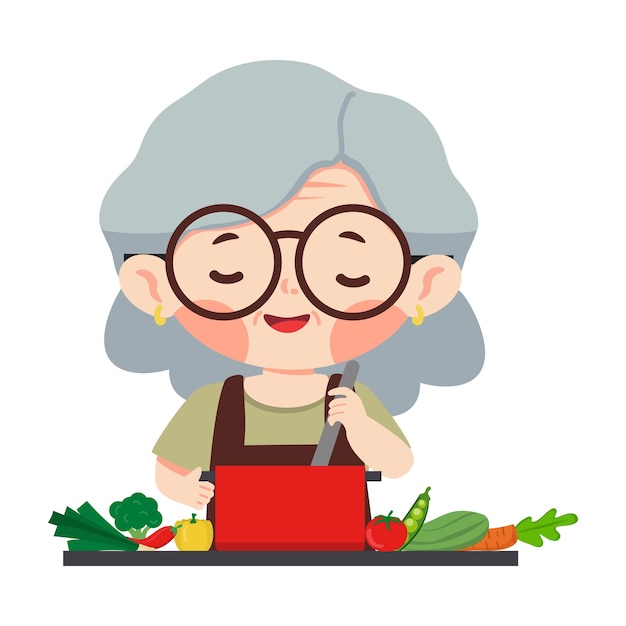 old woman cooking holding a pot of food