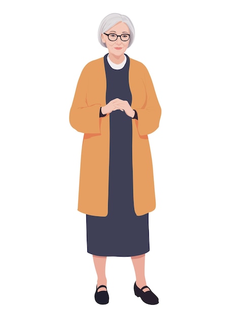 an old woman in a dark blue dress and a long jacket thrown over top is standing