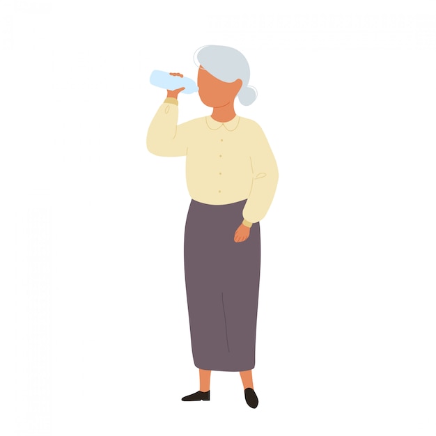 Old woman drinking water from bottle