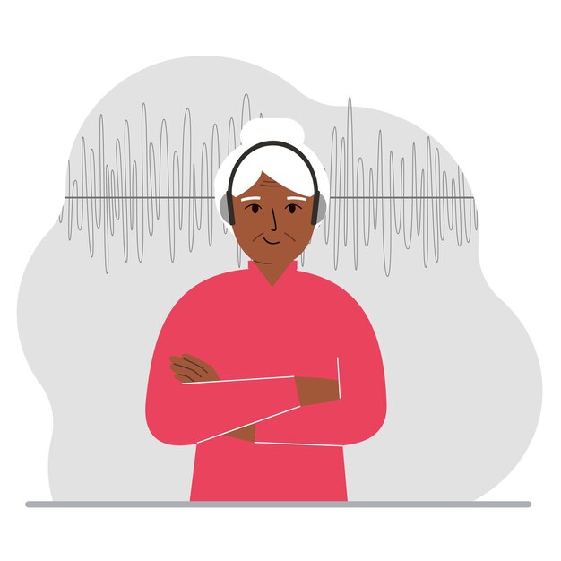 Old woman in headphones and a sound track Concept of online podcast radio online books online learning and music