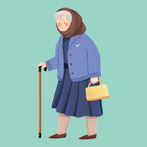 Vector old woman holding crutches