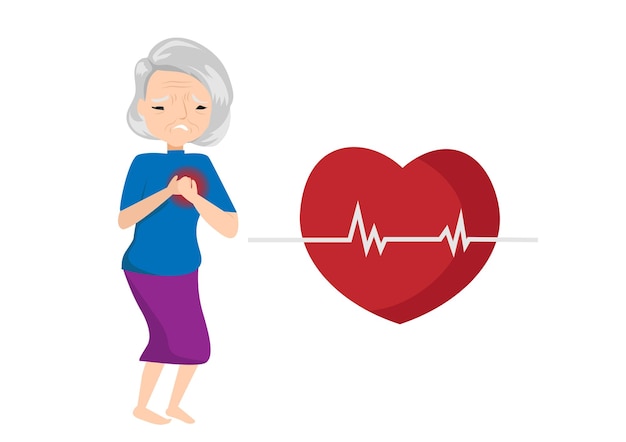 ベクトル 白い背景に孤立した心臓発作のサインで胸を握る老婦人 心臓の痛みの概念 心臓病の症状 高齢者のリスク 健康と医学 フラットベクトルイラスト