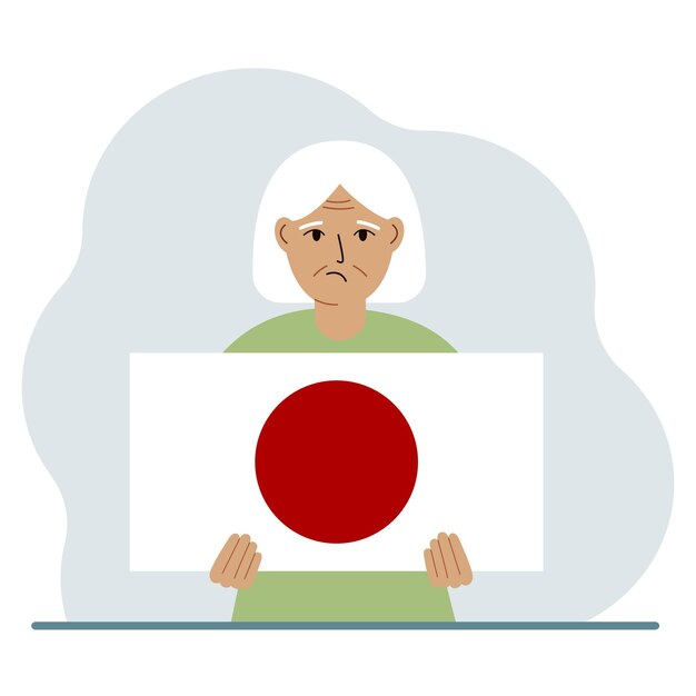 A old woman holds the flag of Japan in his hands The concept of demonstration national holiday or patriotism Nationality