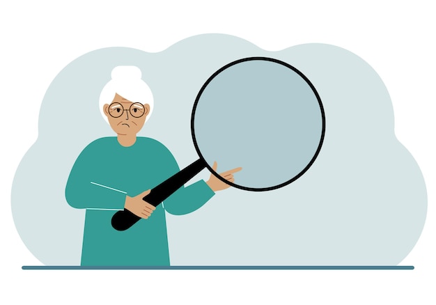 A old woman holds a large loupe or magnifying glass in his hands