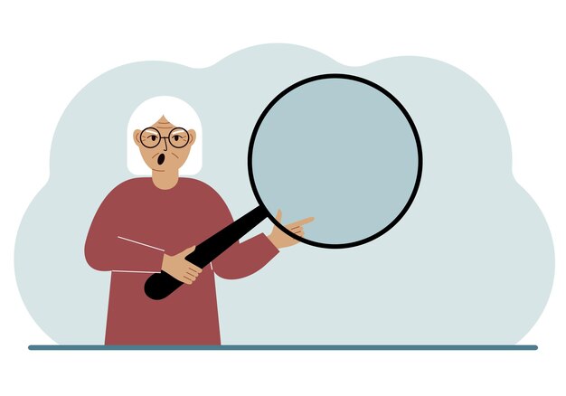 Vector a old woman holds a large loupe or magnifying glass in his hands