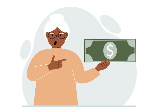 A old woman holds a large paper bill in his hand The concept of income expense earning or spending money