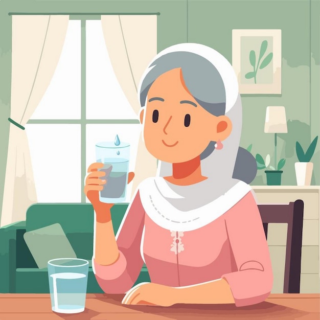 Vector an old woman is drinking from a glass with a water bottle