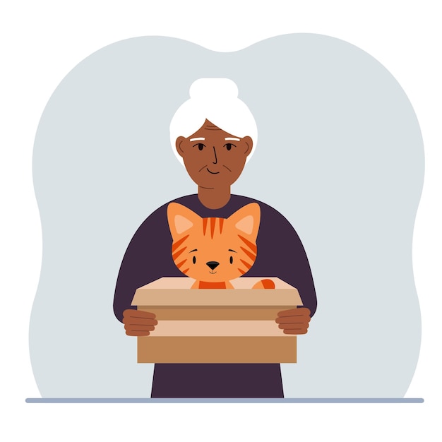 Vector a old woman is holding a cardboard box with a beautiful ginger cat the concept of rescue help and care for pets