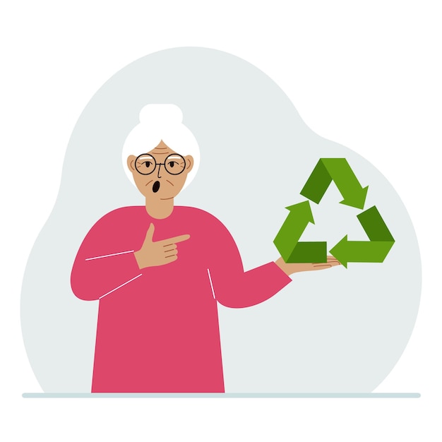 한 노파가 손에 녹색 재활용 재활용 또는 생태 표지판을 들고 있다