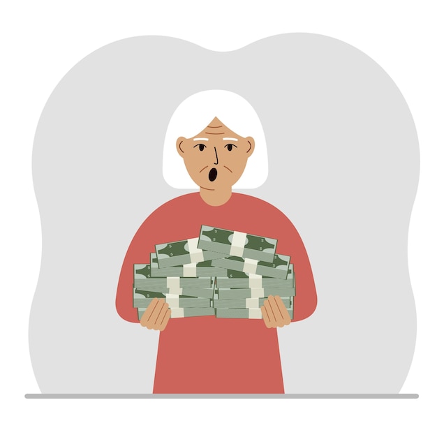 A old woman is holding a large pile of paper money