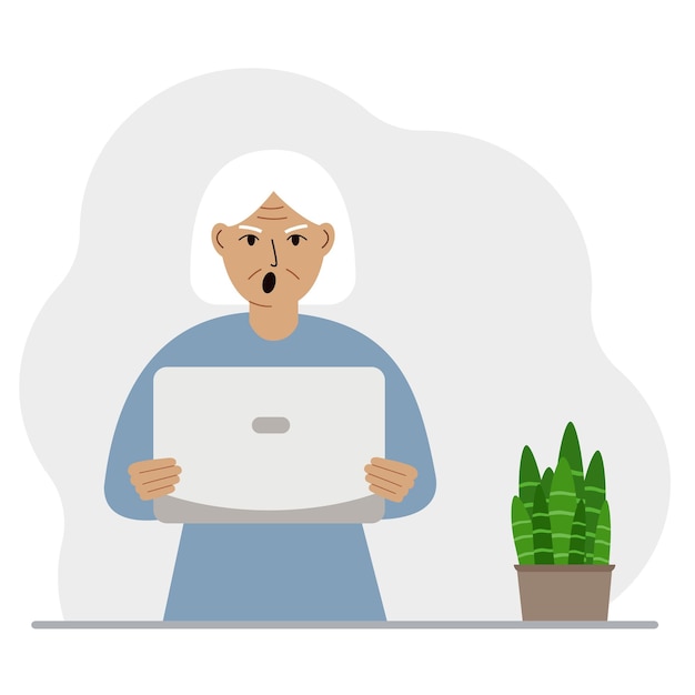 A old woman is holding or using a laptop computer PC Laptop computer technology concept