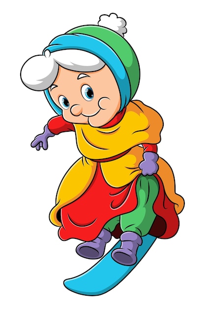 The old woman is playing the ice boarding and using the jacket of illustration