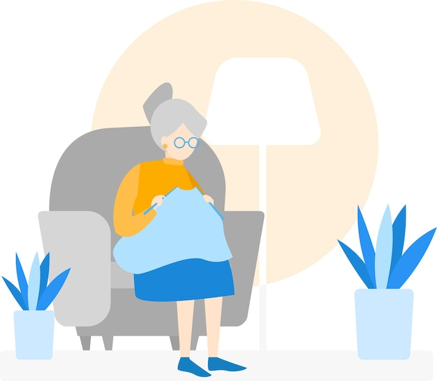 an old woman is sitting on a couch with a plant in the corner