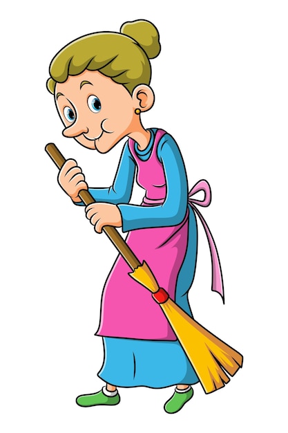 The old woman is sweeping the yard with the broom stick of illustration