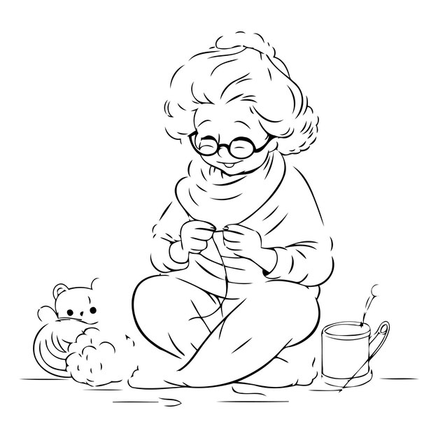 Vector old woman knitting with knitting needles and teddy bear vector illustration