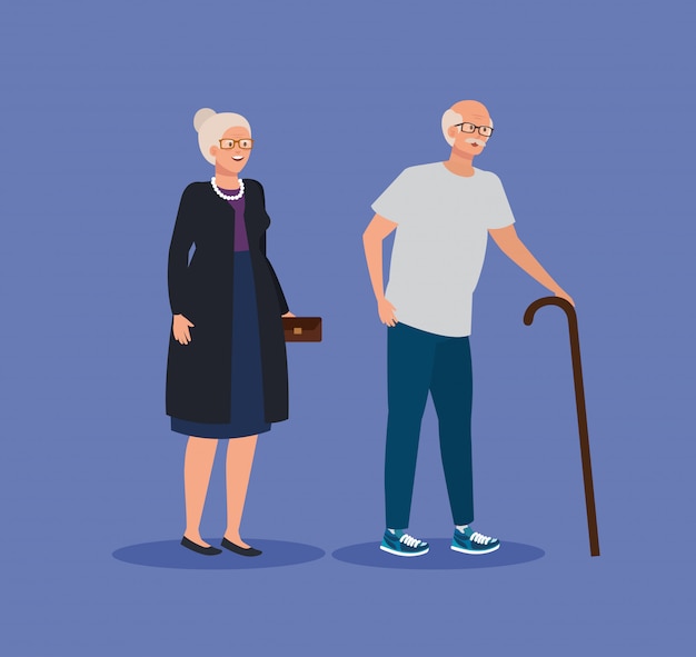 Old woman and man couple with walking stick