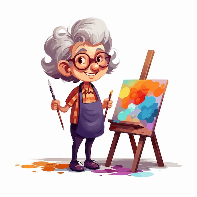 Vector old woman painting on canvas