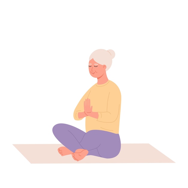 Vector old woman relaxing at yoga healthy lifestyle an elderly woman sits in a lotus position and meditat