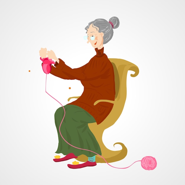 Old woman sews isolated illustration