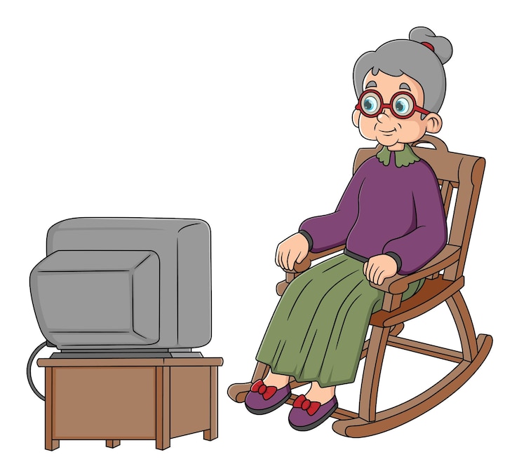 Vector old woman sitting in an rocking chair and watching tv