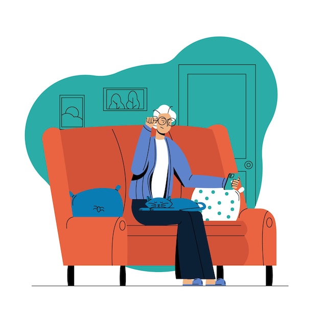 Old woman speaks by video call on phone with relatives on couch with cat illustration