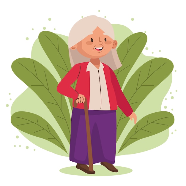 Vector old woman walking with cane active senior character