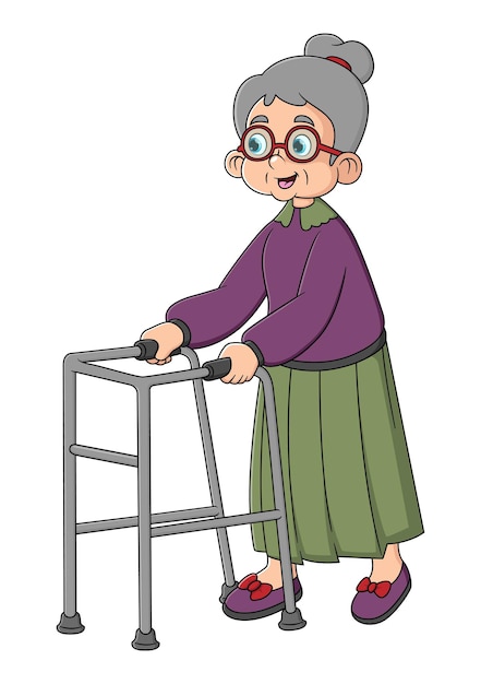 Vecchia donna che cammina con zimmer frame immagine clipart isolata su sfondo bianco