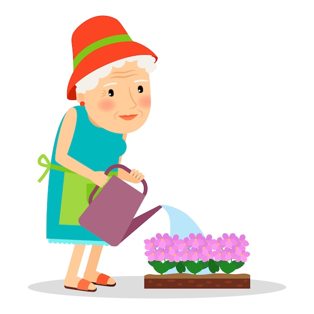 Old woman watering flowers