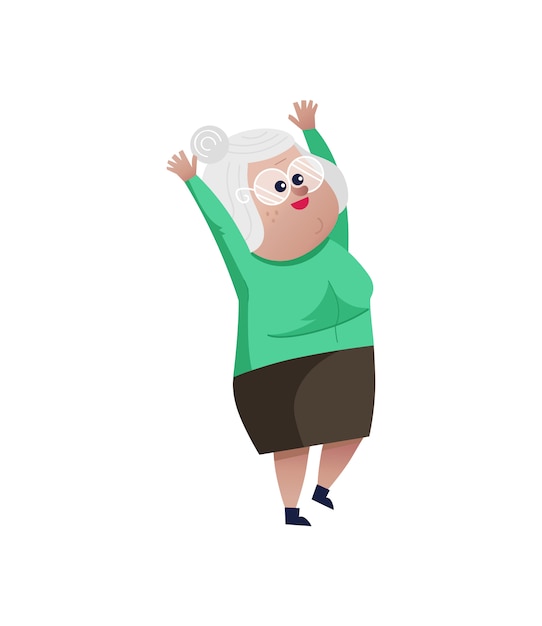 Vector old woman with hands up character.