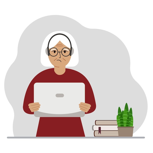 Old woman with laptop and headphones Working from home student freelancer assistant blogger or businessman Home office concept