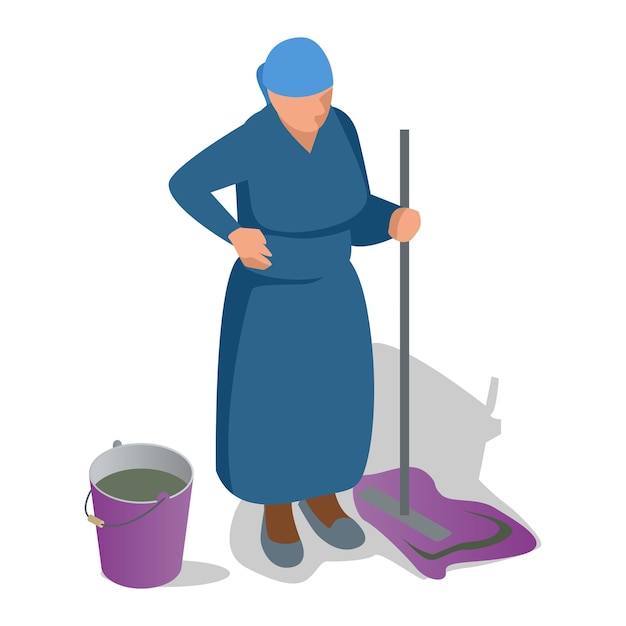 An old woman with a mop in her hand and a bucket is cleaning. Flat isometric vector illustration.