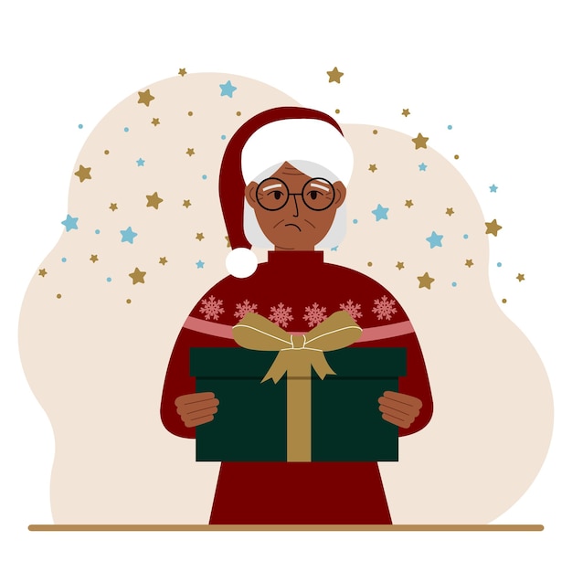새해 선물을 받은 노부인 크리스마스 선물을 받는 새해를 준비하는 개념 크리스마스 판매 또는 비밀 산타 클로스