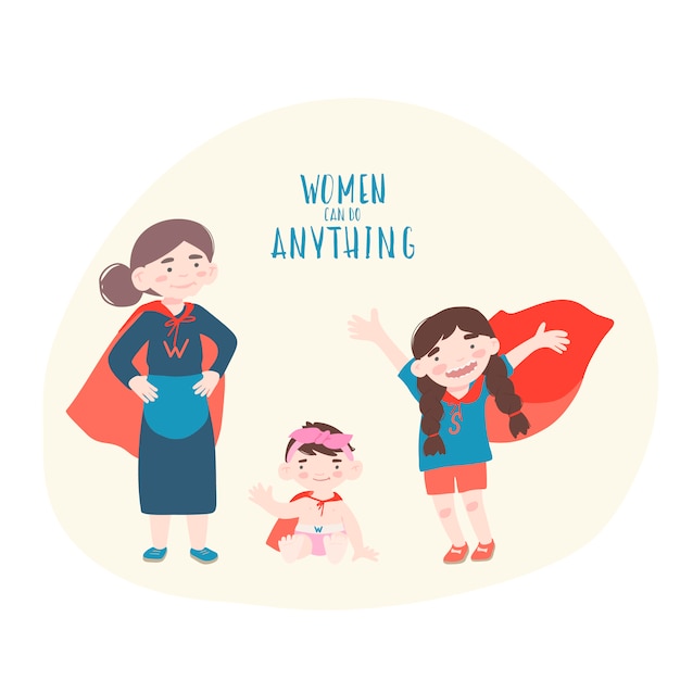 Old woman with two girls in super hero costumes