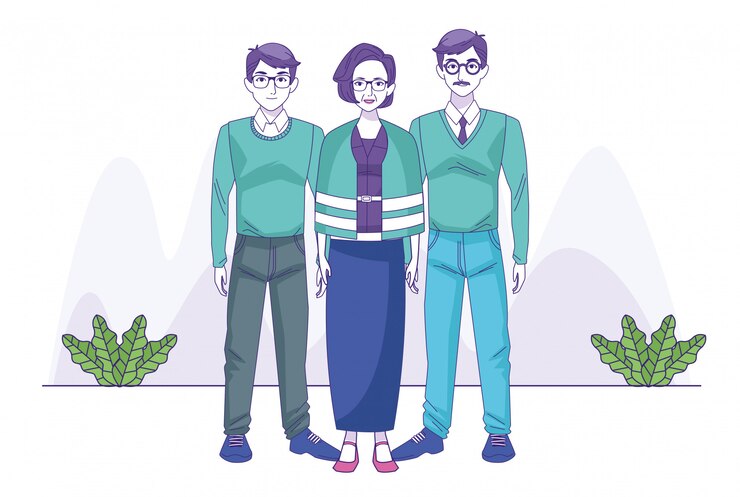 Vector old woman with two men standing